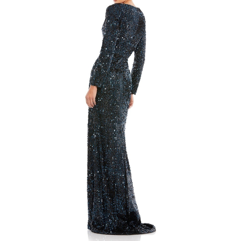 Mac Duggal Elegant Navy Sequin Gown v neck long sleeves size 6 NWT - Picture 5 of 13